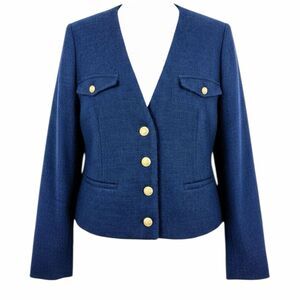 J Crew Blazer Womens Size 16 Navy Blue Tweed Wool Blend Gold Button Lined Jacket